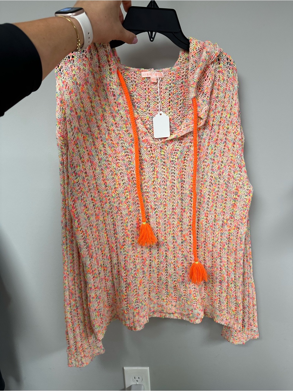 Lisa Todd Summer Beach Hoodie. Open knit with Neon Orange Tassels